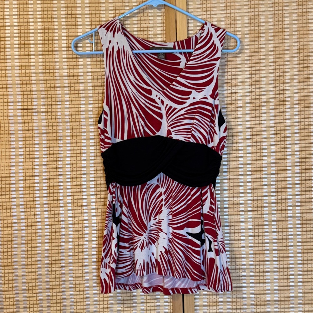 Tommy Bahama Red White Tropical Floral V-Neck Empire Waist Tank Top S Tropical